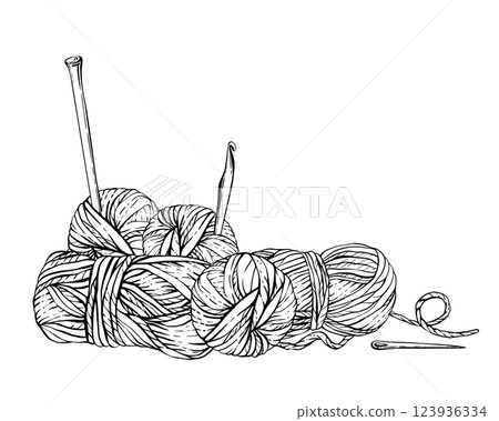Skeins of knitting thread, balls of yarn with knitting needles and pins. Hobby knitting vector illustration. Hand drawing line art clipart for handmade product label, card. Isolated from background Skeins of knitting thread, balls of yarn with knitting needles and pins. Hobby knitting vector illustration. Hand drawing line art clipart for handmade product label, card. Isolated from background 123936334
