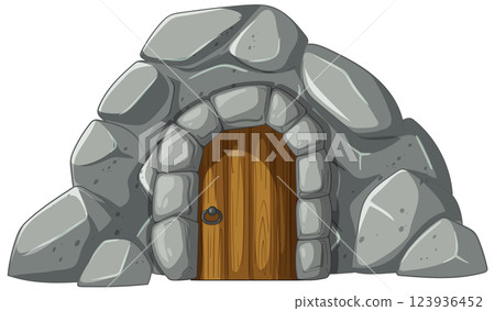 Stone Cave Entrance with Wooden Door 123936452