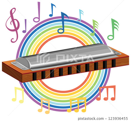 Colorful Harmonica and Musical Notes 123936455