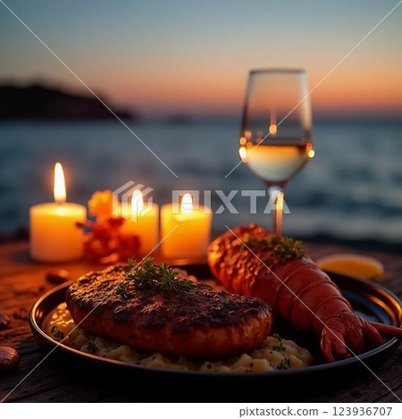 A romantic seaside dinner under candlelight, featuring a succulent steak, lobster, and refreshing drinks, all set against the tranquil ocean view. 123936707