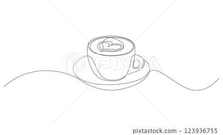 Cup of coffee with heart shape continuous one line drawing. Minimalist style single line vector illustration. Editable stroke. 123936755