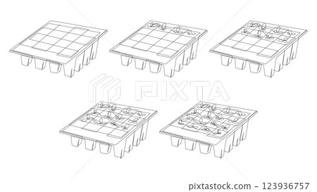 Seedlings growing in peat pots cassette continuous line drawing. Gardening season concept. Vector illustration set from empty to full. Seedlings growing in peat pots cassette continuous line drawing. Gardening season concept. Vector illustration set from empty to full. 123936757