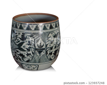 front view antique white and black ceramic cup on white background, decor, decoration, fashion, collectibles, copy space front view antique white and black ceramic cup on white background, decor, decoration, fashion, collectibles, copy space 123937248