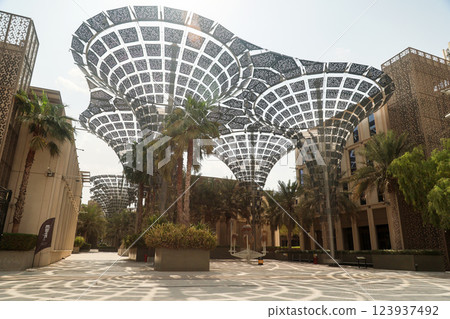 Dubai, UAE - September 30, 2024 EXPO CITY DUBAI Solar panels and tall structures in the form of open mushrooms. Editorial Dubai, UAE - September 30, 2024 EXPO CITY DUBAI Solar panels and tall structures in the form of open mushrooms. Editorial 123937492