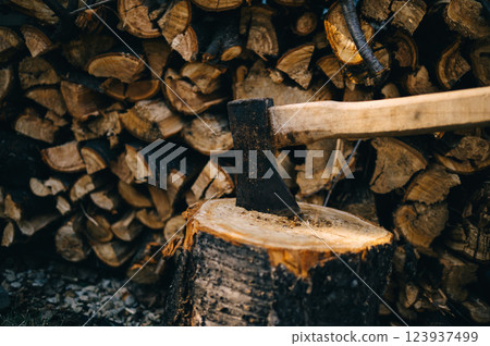 old ax stuck in a log on the background of firewood old ax stuck in a log on the background of firewood 123937499