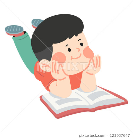 Cartoon kid lying down reading a book Cartoon kid lying down reading a book 123937647