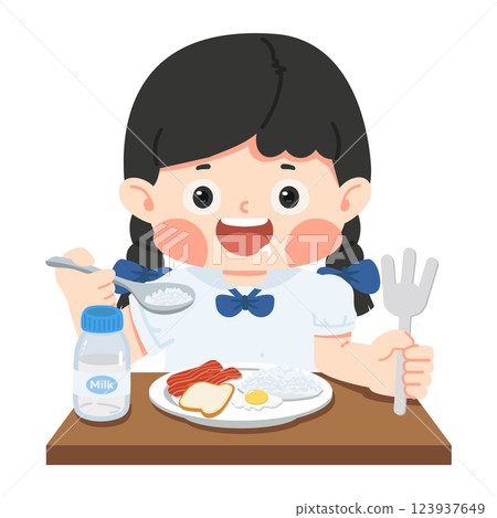 Girl is scooping rice to eat Girl is scooping rice to eat 123937649