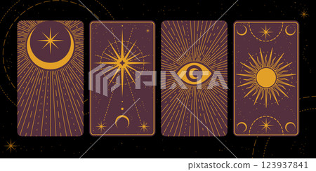 Tarot card cover. Frame with celestial elements, moon and golden stars. Mystic border. Zodiac symbols, golden ornament bohemian poster design. Esoteric cosmic astrology. Vector vintage illustration 123937841