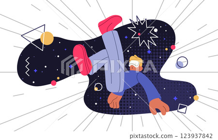 Future experience background. Space metaverse. Innovation cyber technology. Gaming glasses. Virtual reality gamers. VR simulator. Abstract 3d technology. Guy floating in zero gravity. Vector concept Future experience background. Space metaverse. Innovation cyber technology. Gaming glasses. Virtual reality gamers. VR simulator. Abstract 3d technology. Guy floating in zero gravity. Vector concept 123937842