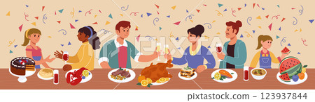 Family dinner at table. Meal with meat vegetables and fruit, celebration food. People at Thanksgiving festive gathering. Cartoon character of joy and love. Vector friends on holiday at home or in cafe Family dinner at table. Meal with meat vegetables and fruit, celebration food. People at Thanksgiving festive gathering. Cartoon character of joy and love. Vector friends on holiday at home or in cafe 123937844