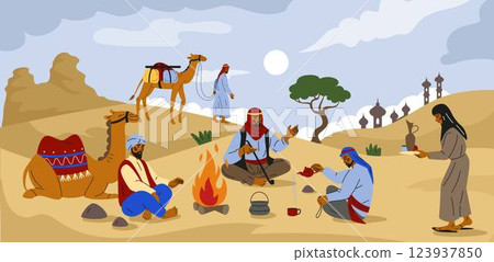 Saudi desert campfire landscape. Traditional Bedouins clothes. Summer travel. Arabic caravan camping in nature. Muslim culture on sand dunes. Camel adventure journey. Vector Arab tidy illustration Saudi desert campfire landscape. Traditional Bedouins clothes. Summer travel. Arabic caravan camping in nature. Muslim culture on sand dunes. Camel adventure journey. Vector Arab tidy illustration 123937850