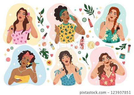 Makeup girl. Woman cosmetic face skin care. Women icon. Mascara, different colorful bottles, colorful lipstick, skincare products. Female fashion style. Cute cartoon symbol. Vector tidy beautiful Makeup girl. Woman cosmetic face skin care. Women icon. Mascara, different colorful bottles, colorful lipstick, skincare products. Female fashion style. Cute cartoon symbol. Vector tidy beautiful 123937851