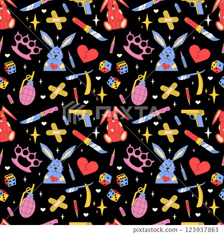 Retro rabbit pattern seamless. Doodle toy. Crime bunny. Funny angry pet. Hare with criminal elements. Punk goth. Cartoon plush animal. Gangsters knuckle and dynamite. Vector funky garish background 123937863