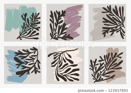 Hand Drawn Minimalist Abstract Plant Contemporary Posters Set 123937893