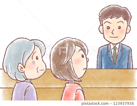 養老福利科_養老諮詢_男性諮詢師、老年母親和中年女兒 123937938