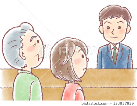 Nursing care welfare department_Nursing care consultation_Male counselor, elderly man and middle-aged daughter Nursing care welfare department_Nursing care consultation_Male counselor, elderly man and middle-aged daughter 123937939