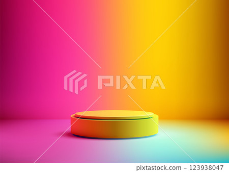 Vibrant modern 3d pedestal for product display with colorful gradient background, yellow cylindrical base, and circular top 123938047