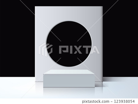 modern 3d white rectangular frame with a circular cutout, resting on a white podium against a black backdrop, perfect for product display modern 3d white rectangular frame with a circular cutout, resting on a white podium against a black backdrop, perfect for product display 123938054