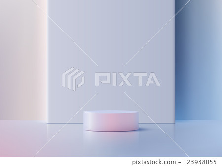 minimalist 3d pink cylindrical podium on reflective surface with pastel blue and pink panels, modern product display mockup minimalist 3d pink cylindrical podium on reflective surface with pastel blue and pink panels, modern product display mockup 123938055
