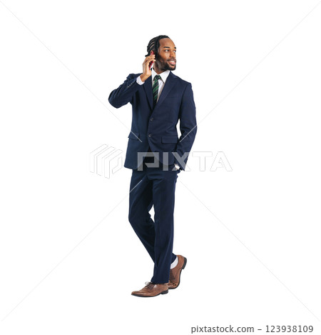 A black male business person walking while talking on a smartphone. A transparent full-body photo PNG precisely cut by hand 123938109