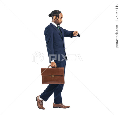 A black male business person walking while looking at his watch. A transparent full-body photo PNG precisely cut by hand 123938110