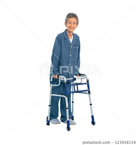 A man undergoing rehabilitation using a walker. A transparent full-body photo PNG precisely cut by hand A man undergoing rehabilitation using a walker. A transparent full-body photo PNG precisely cut by hand 123938119