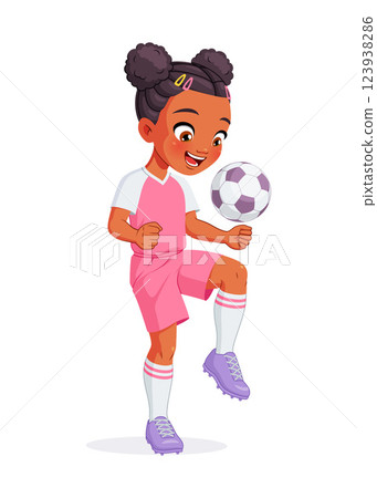 African American girl in football player uniform kicking ball with knee. Cartoon vector illustration 123938286