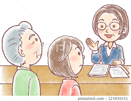Consultation with the local comprehensive center_Nursing care consultation_Female counselor, elderly man and middle-aged daughter 123938331