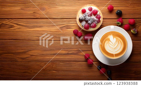 咖啡和蛋糕的鳥瞰圖 咖啡和蛋糕的鳥瞰圖 123938388