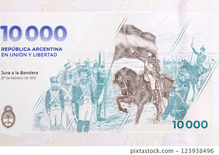 Soldiers pledging allegiance to the Argentine flag in 1812 from Argentine pesos 123938496