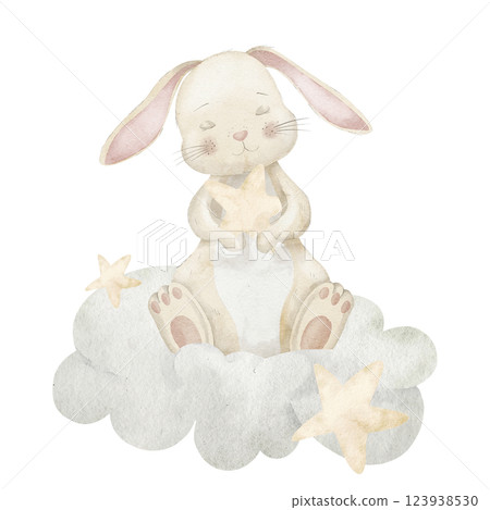 Watercolor illustration of a cute Bunny sitting on a fluffy cloud, holding a star. A dreamy, soft pastel drawing with Rabbit for baby shower invitations or nursery design. Art for kids greeting cards. 123938530
