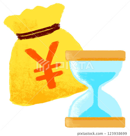 Hourglass and a bag of money, crayon touch, simple illustration 123938699