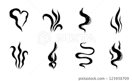 Steam smoke hand drawn line comic doodle. Aroma trail, cloud or wind silhouette. Smells hot air fragrance evaporate set.  123938709