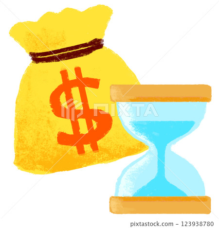 沙漏和一袋錢，蠟筆觸感，簡單的插圖 123938780