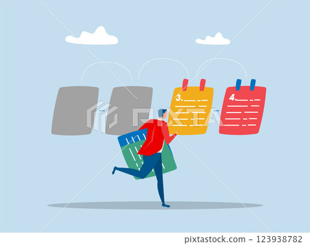 Work priority, businessman manage to prioritize sticky note with number first, second and third.arrange to do list which job to do before and after,vector 123938782