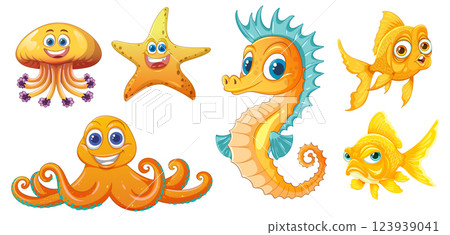 Colorful Sea Creatures Cartoon Illustration 123939041