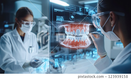 Dentist analyses a tooth X-ray holographic film. The concept of dental care, diagnostics, and precision in oral health treatment with modern technology. Generative AI. 123939158