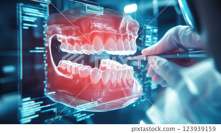 Dentist analyses a tooth X-ray holographic film. The concept of dental care, diagnostics, and precision in oral health treatment with modern technology. Generative AI. 123939159