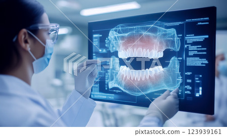 Dentist analyses a tooth X-ray holographic film. The concept of dental care, diagnostics, and precision in oral health treatment with modern technology. Generative AI. 123939161