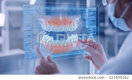 Dentist analyses a tooth X-ray holographic film. The concept of dental care, diagnostics, and precision in oral health treatment with modern technology. Generative AI. 123939162