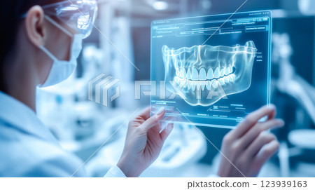 Dentist analyses a tooth X-ray holographic film. The concept of dental care, diagnostics, and precision in oral health treatment with modern technology. Generative AI. 123939163