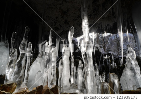 Ice stalagmites in Hyakujojiki Cave, Hokkaido 123939175