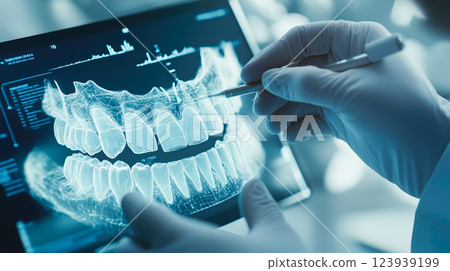 Dentist analyses a tooth X-ray holographic film. The concept of dental care, diagnostics, and precision in oral health treatment with modern technology. Generative AI. 123939199