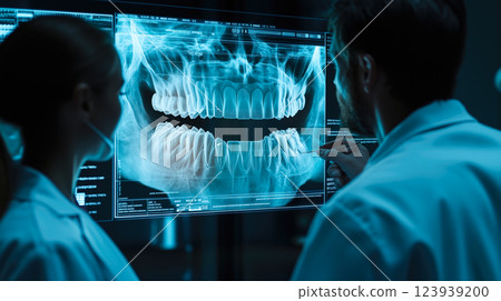 Dentist analyses a tooth X-ray holographic film. The concept of dental care, diagnostics, and precision in oral health treatment with modern technology. Generative AI. 123939200