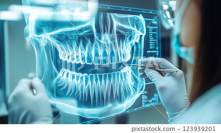 Dentist analyses a tooth X-ray holographic film. The concept of dental care, diagnostics, and precision in oral health treatment with modern technology. Generative AI. 123939201
