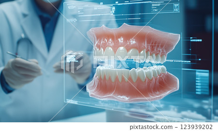 Dentist analyses a tooth X-ray holographic film. The concept of dental care, diagnostics, and precision in oral health treatment with modern technology. Generative AI. 123939202