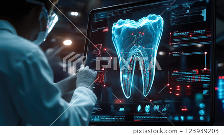 Dentist analyses a tooth X-ray holographic film. The concept of dental care, diagnostics, and precision in oral health treatment with modern technology. Generative AI. 123939203