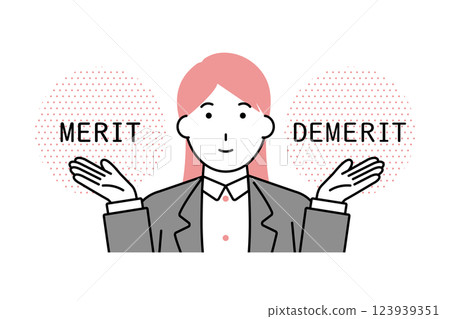 一位身穿西裝的女士介紹其優點和缺點的插圖 123939351