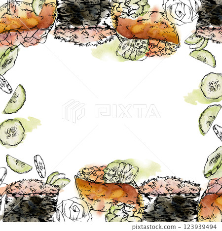 Traditional Japanese food, gunkan inari sushi with raw fish salmon tuna crab, caviar cucumber slices hand drawn in watercolor, ink. Square border frame for restaurant, cafe menu, kitchen, recipe book Traditional Japanese food, gunkan inari sushi with raw fish salmon tuna crab, caviar cucumber slices hand drawn in watercolor, ink. Square border frame for restaurant, cafe menu, kitchen, recipe book 123939494