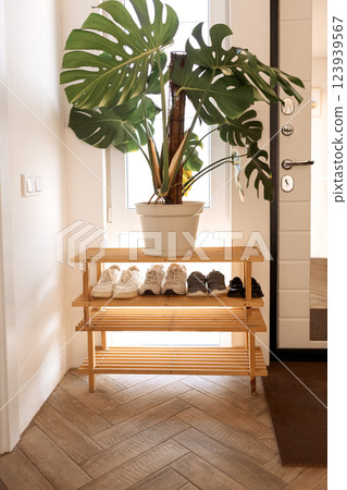 Family shoes lined up on a wooden shelf near the front door. 123939567